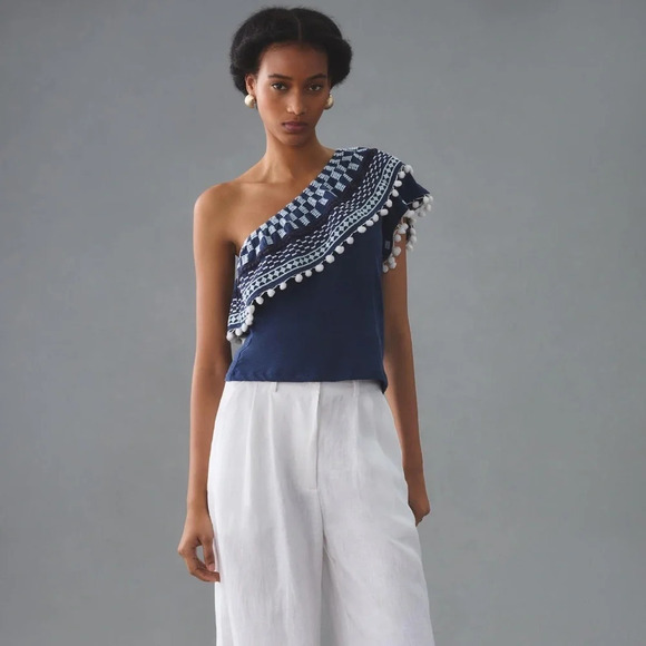 NWT By Anthropologie Pom-Tassel One-Shoulder Top Medium - Picture 4 of 8